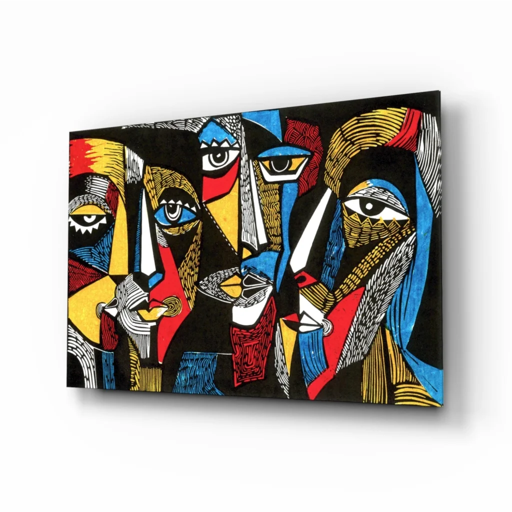 Vibrant glass wall art of bold geometric faces in red, blue, yellow, black