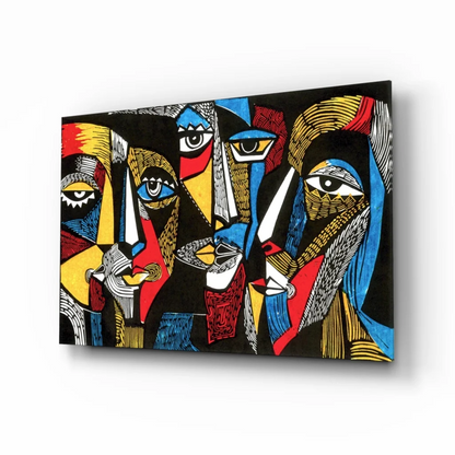 Vibrant glass wall art of bold geometric faces in red, blue, yellow, black