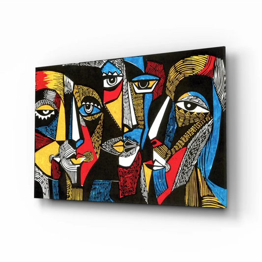 Vibrant glass wall art of bold geometric faces in red, blue, yellow, black