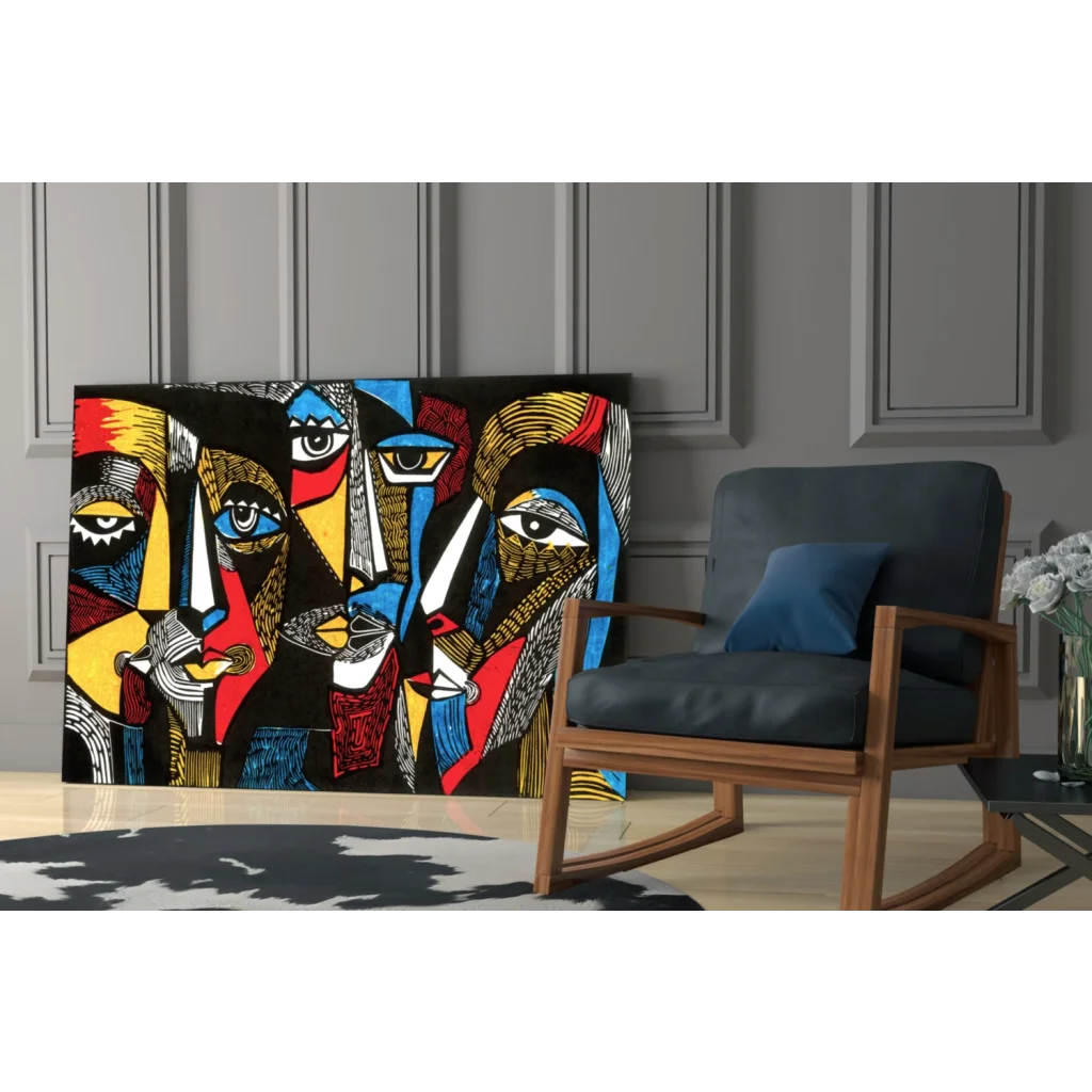 Vibrant bold geometric faces glass wall art in red, blue, yellow, black