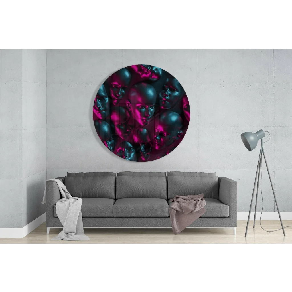 Stunning tempered glass art with vibrant overlapping metallic faces in teal and magenta