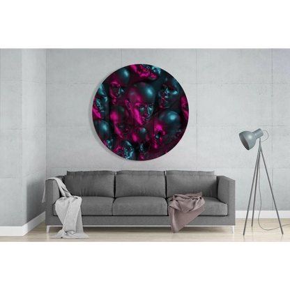 Stunning tempered glass art with vibrant overlapping metallic faces in teal and magenta