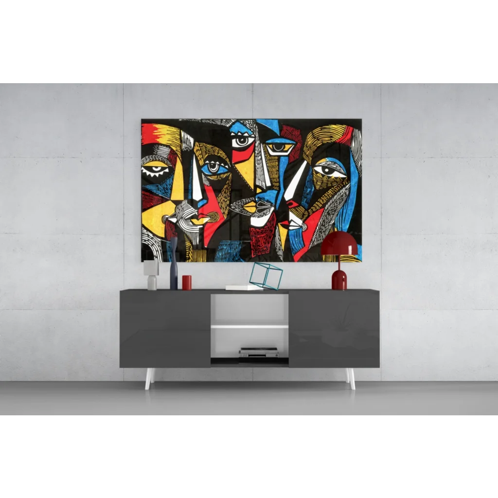 Vibrant bold geometric faces glass wall art in red, blue, yellow, black