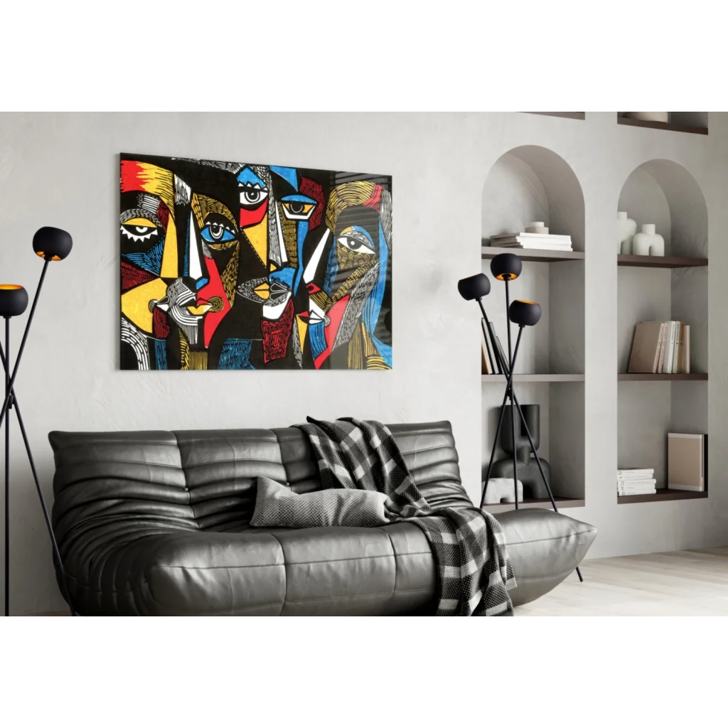 Vibrant bold geometric faces glass wall art in red yellow blue black