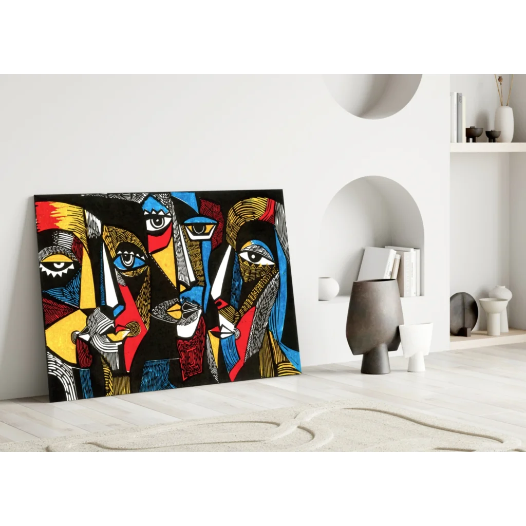 Vibrant bold geometric faces glass wall art in red, yellow, blue, black