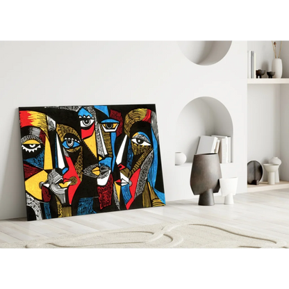 Vibrant bold geometric faces glass wall art in red, yellow, blue, black