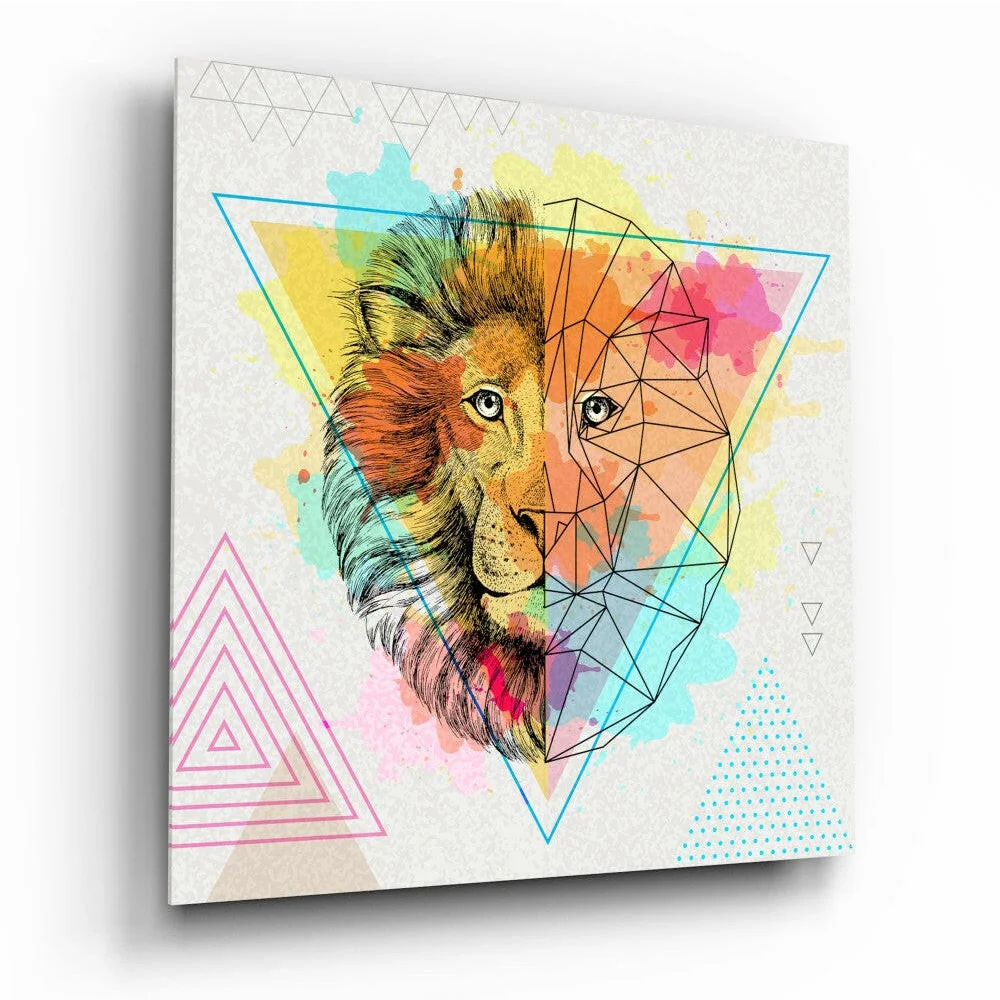 Vibrant geometric lion wall art canvas with bold triangles and watercolor background