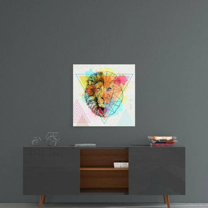 Vibrant geometric lion wall art canvas with bold orange mane and colorful triangles