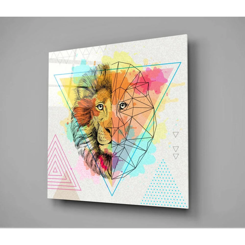 Vibrant geometric lion watercolor wall art canvas with bold triangles