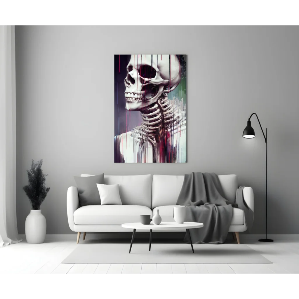 Stylized dripping skull wall art in purple green paint on canvas