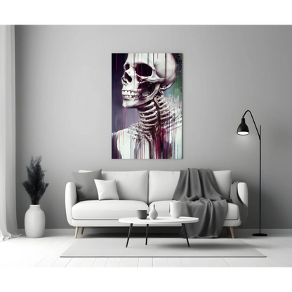 Stylized dripping skull wall art in purple green paint on canvas