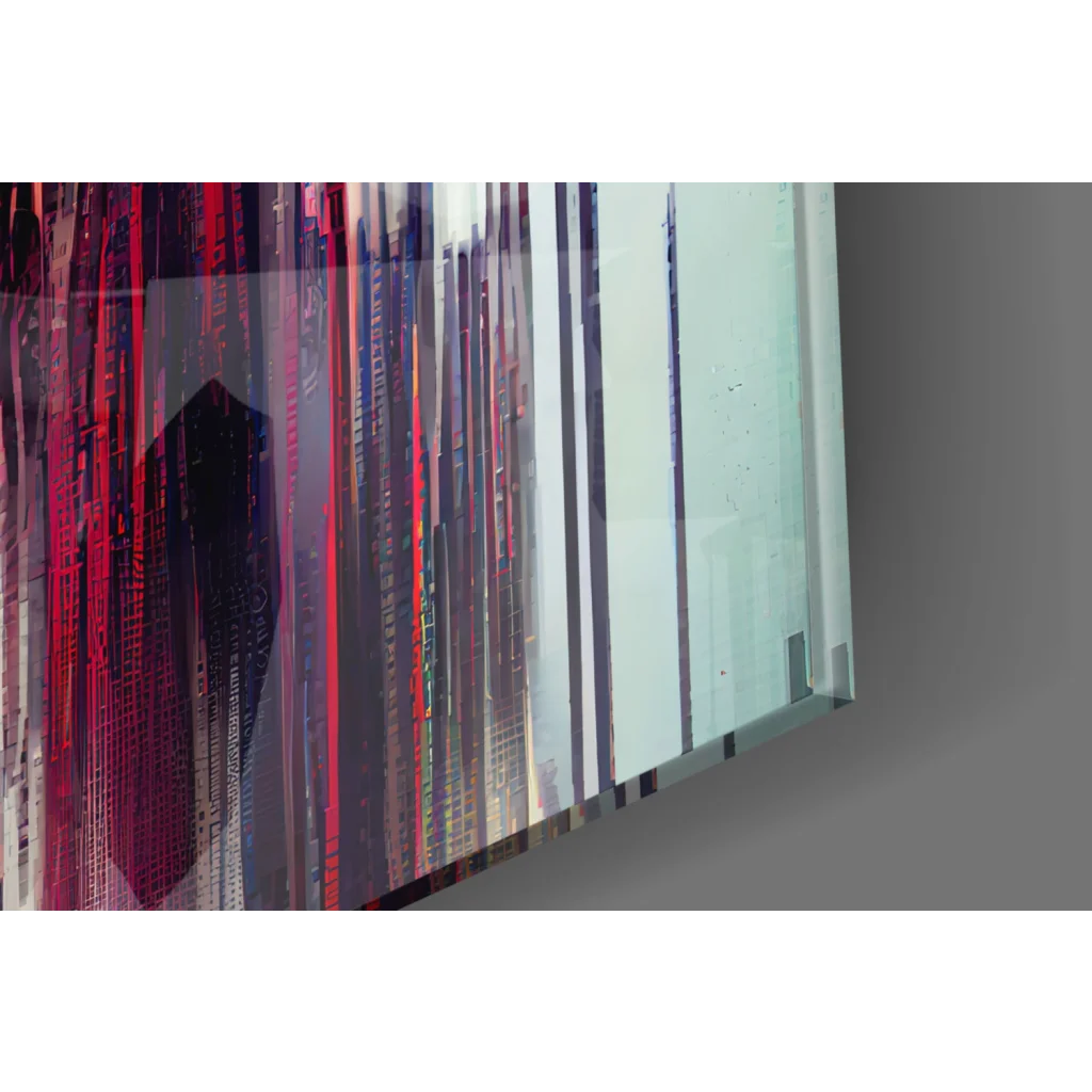 Sleek glass wall art with dripping skull, purple and green paint effects