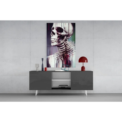 Stylized skull wall art canvas with red green drips and ribcage