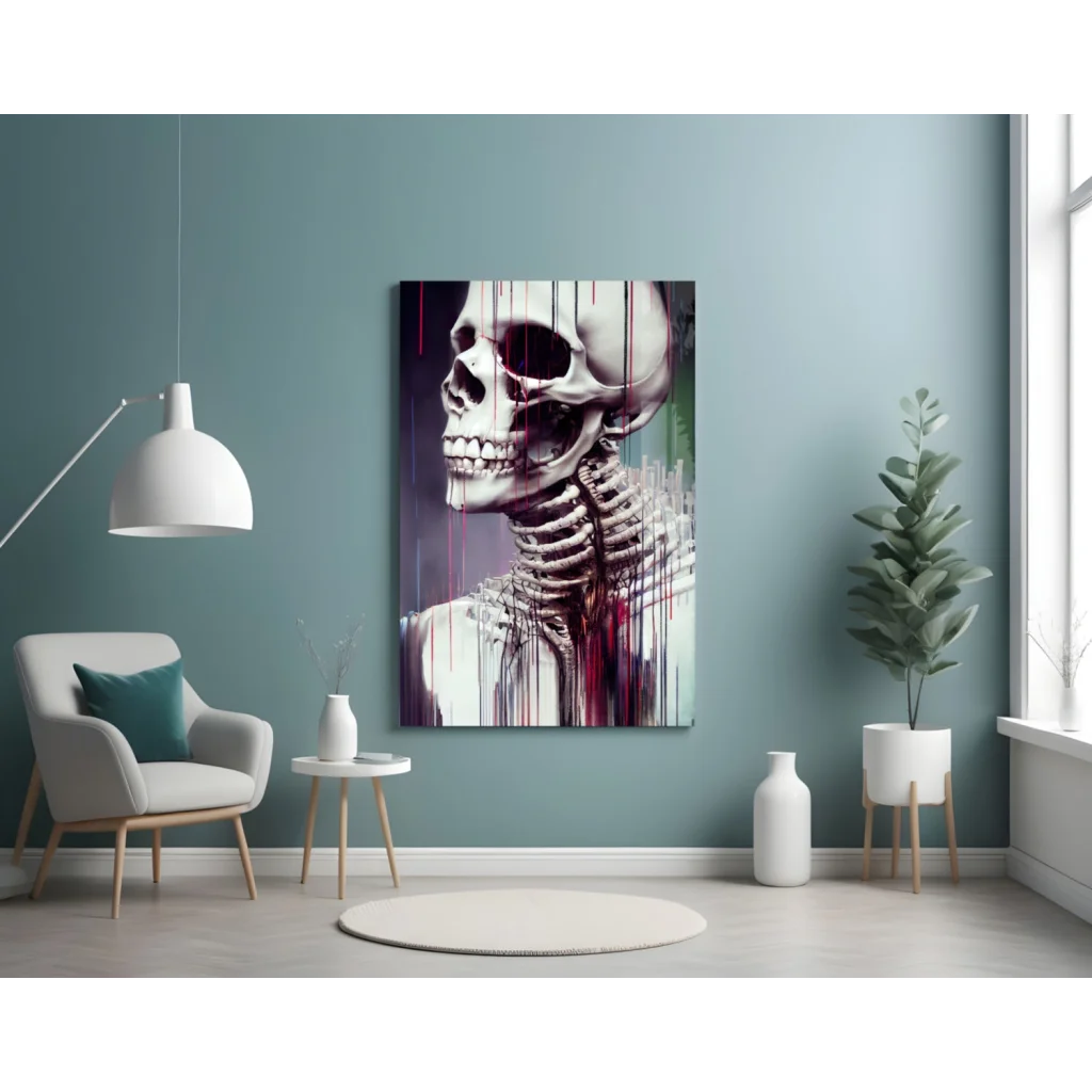 Stylized dripping skull canvas wall art in purple and red on teal wall