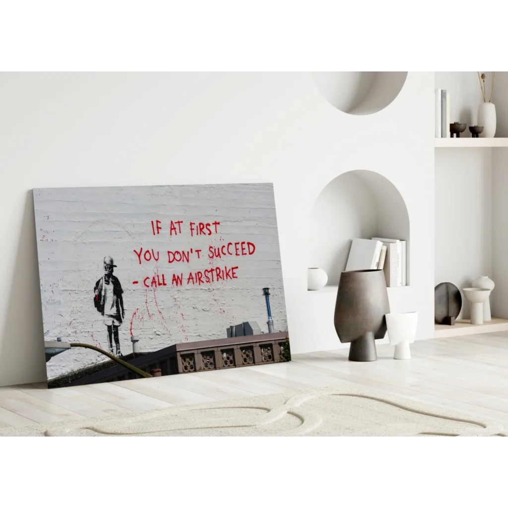 Banksy style kid on rooftop wall art print with airstrike graffiti