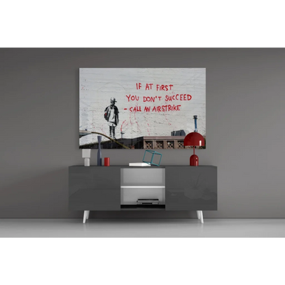 Gray console table with white legs under Banksy style gas mask kid wall art print