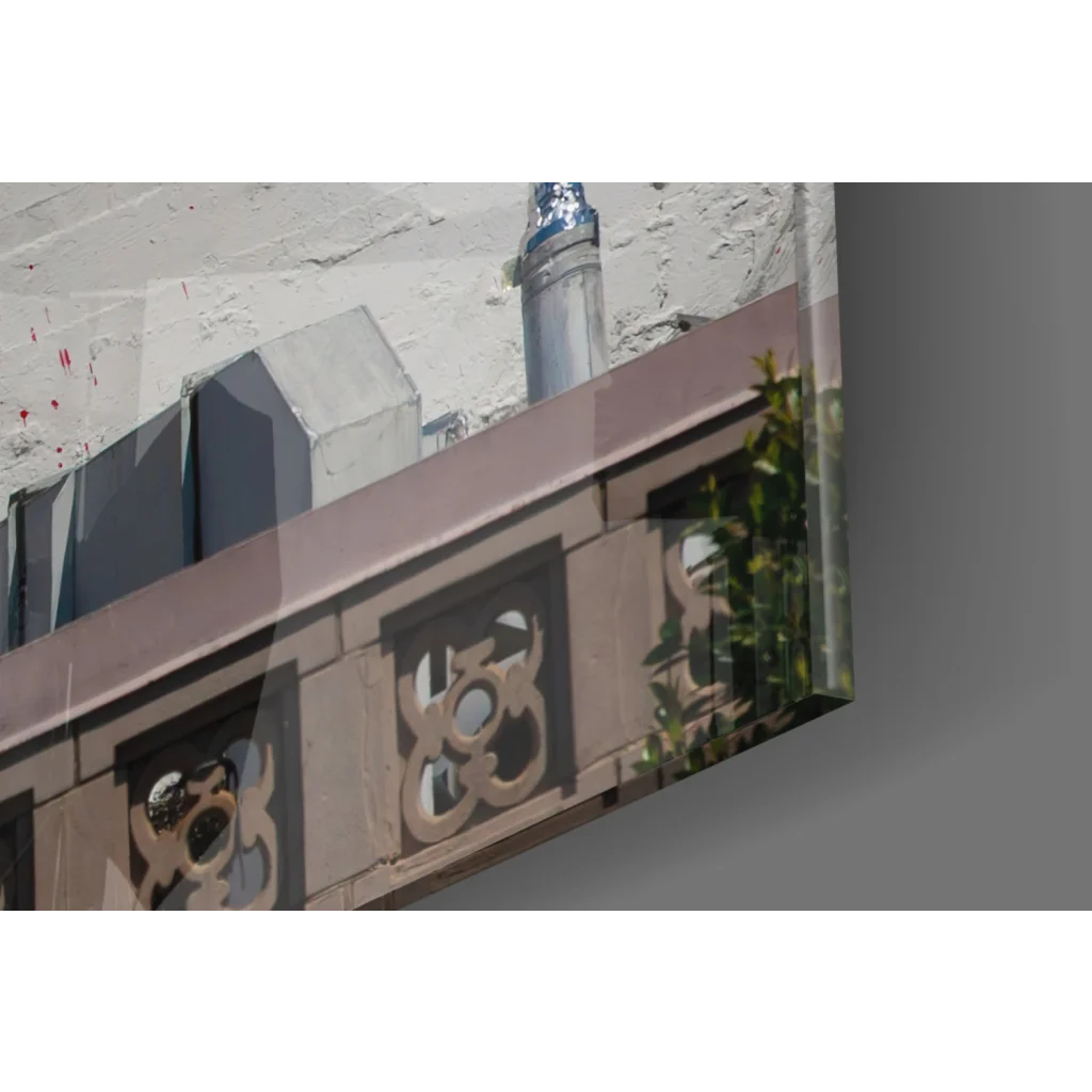 Ornate stone cornice in Banksy gas mask kid wall art print