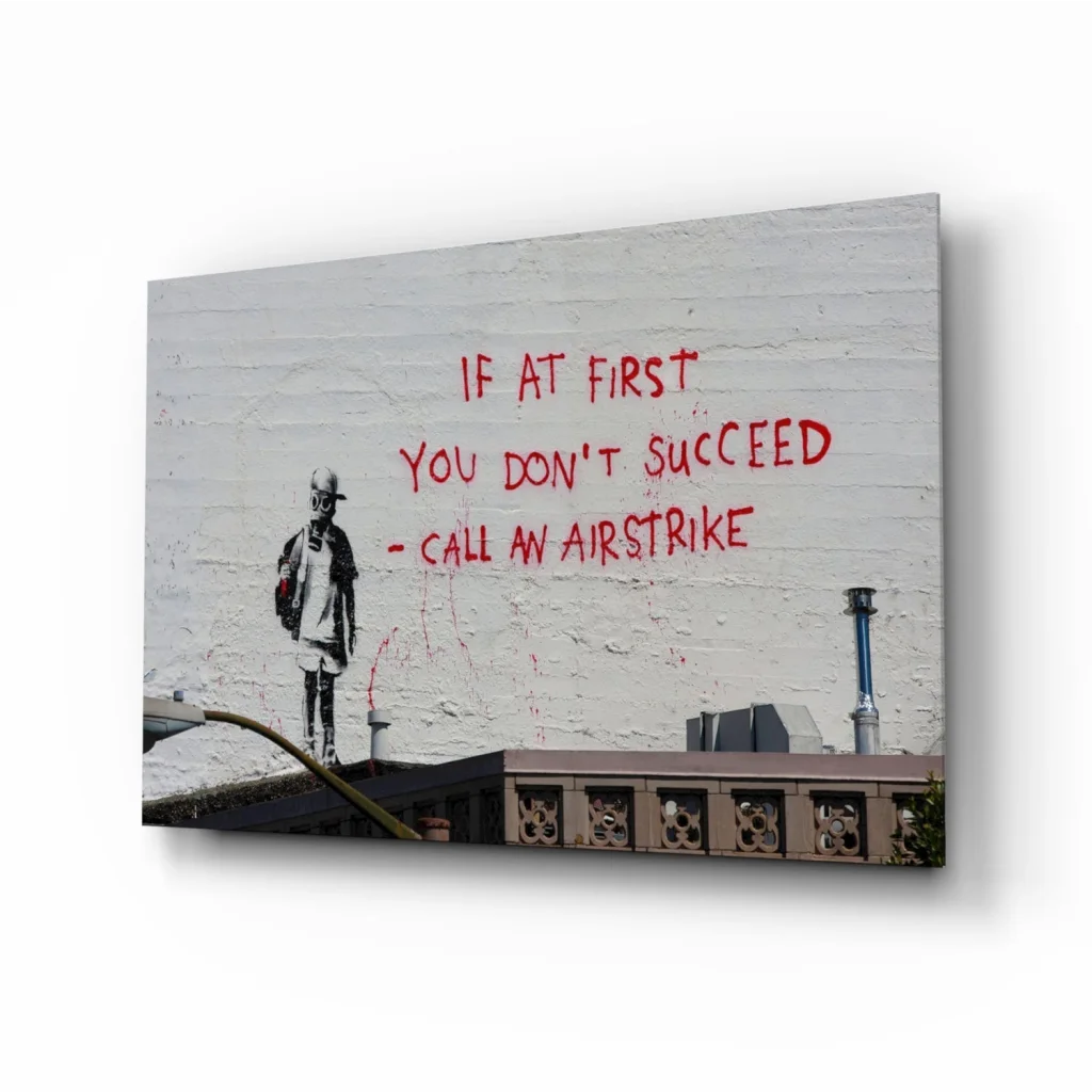 Banksy style gas mask kid wall art canvas print with airstrike text