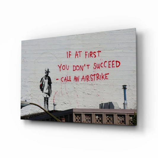 Banksy style gas mask kid wall art canvas print with airstrike text