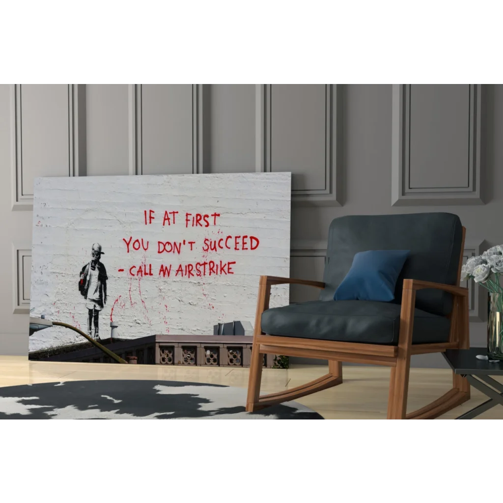 Banksy-style gas mask kid wall art canvas print with airstrike quote