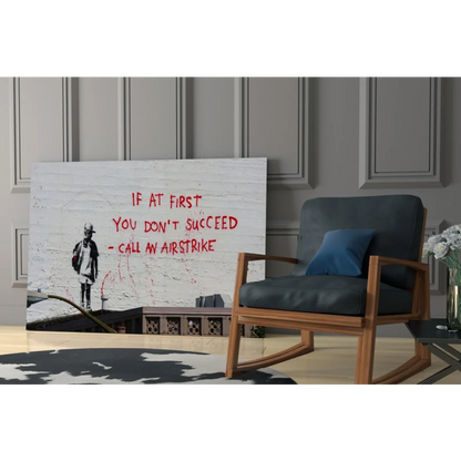 Banksy-style gas mask kid wall art canvas print with airstrike quote