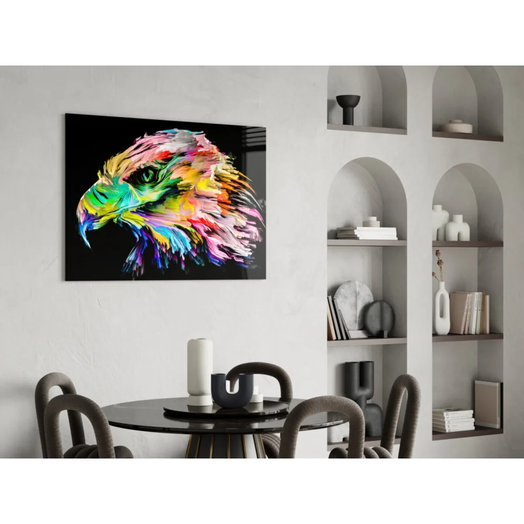 Vibrant multicolored eagle glass wall art on black background