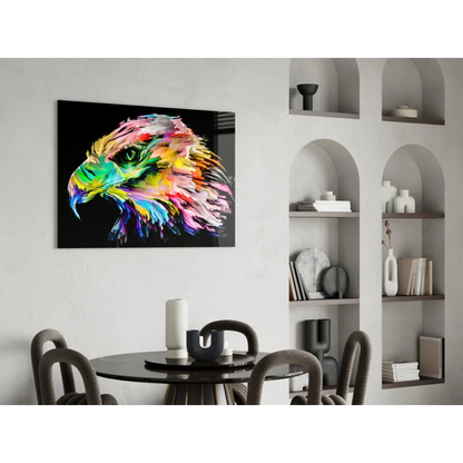 Vibrant multicolored eagle glass wall art on black background