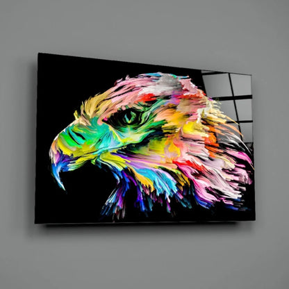 Vibrant rainbow eagle glass wall art with bold abstract strokes