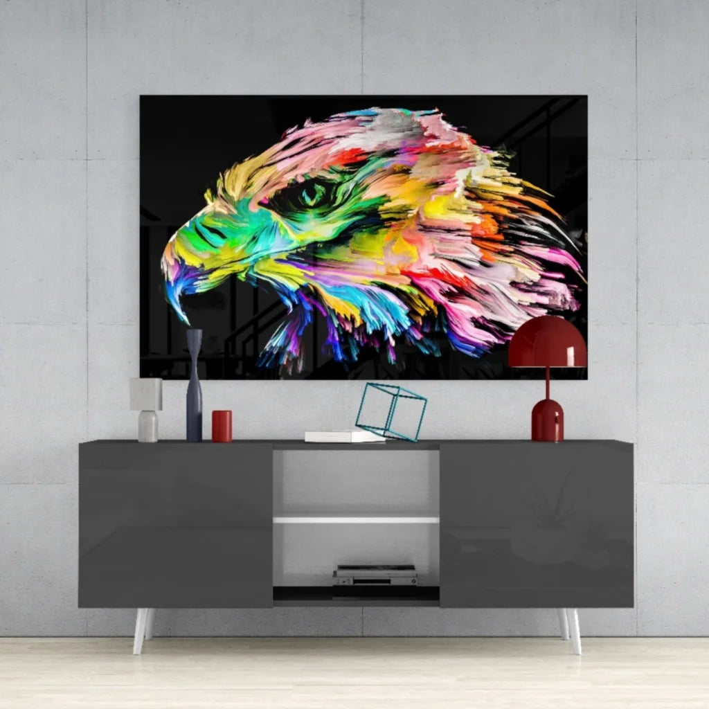 Vibrant rainbow eagle glass wall art with bold abstract strokes on black