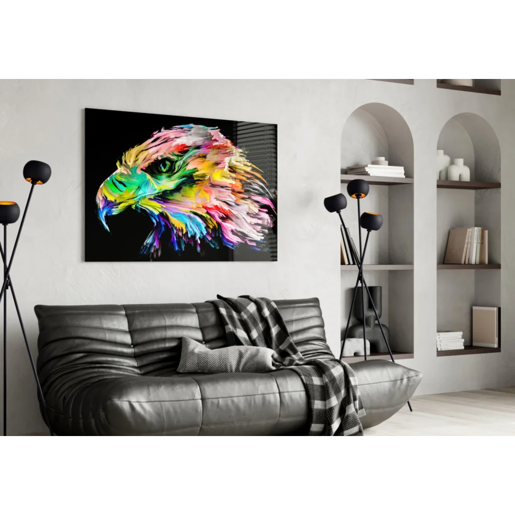 Vibrant rainbow eagle glass wall art with bold abstract brushstrokes on black