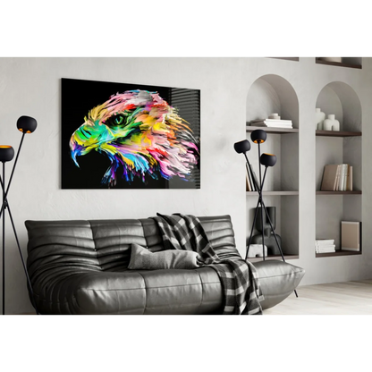 Vibrant rainbow eagle glass wall art with bold abstract brushstrokes on black