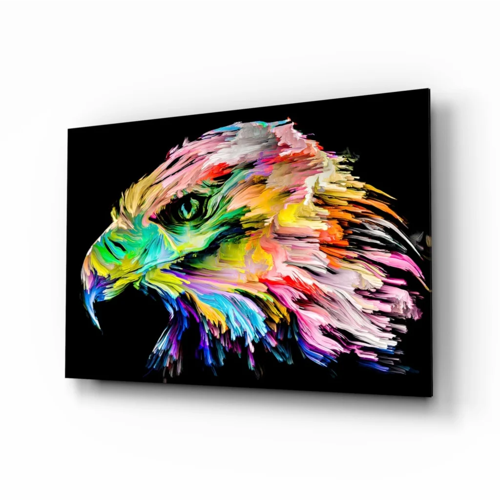 Vibrant rainbow eagle glass wall art on black canvas background
