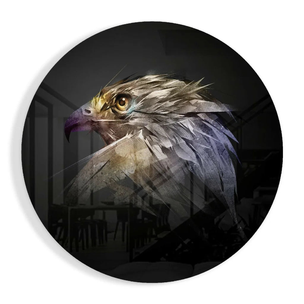 Majestic eagle tempered glass art circle with gray gold feathers