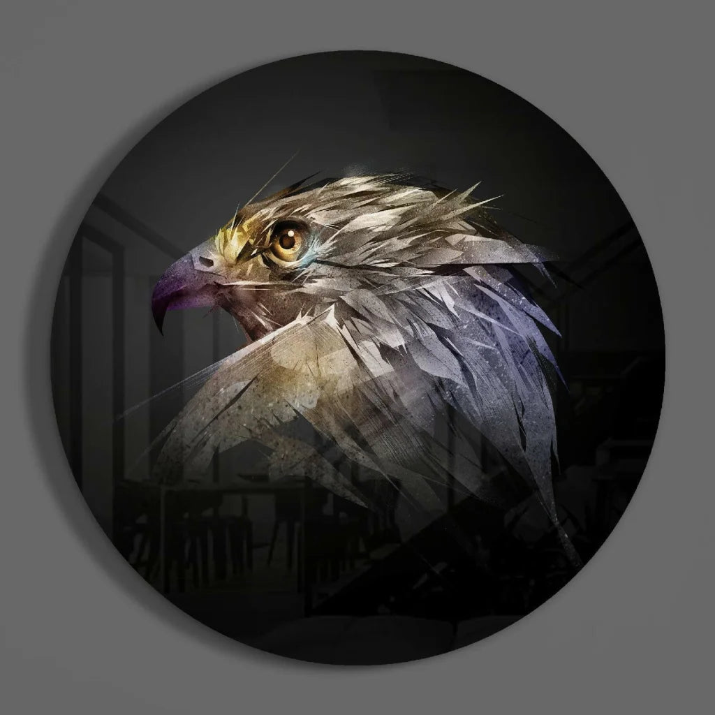 Majestic Eagle Tempered Glass Art Circle with detailed brown-gray feathers