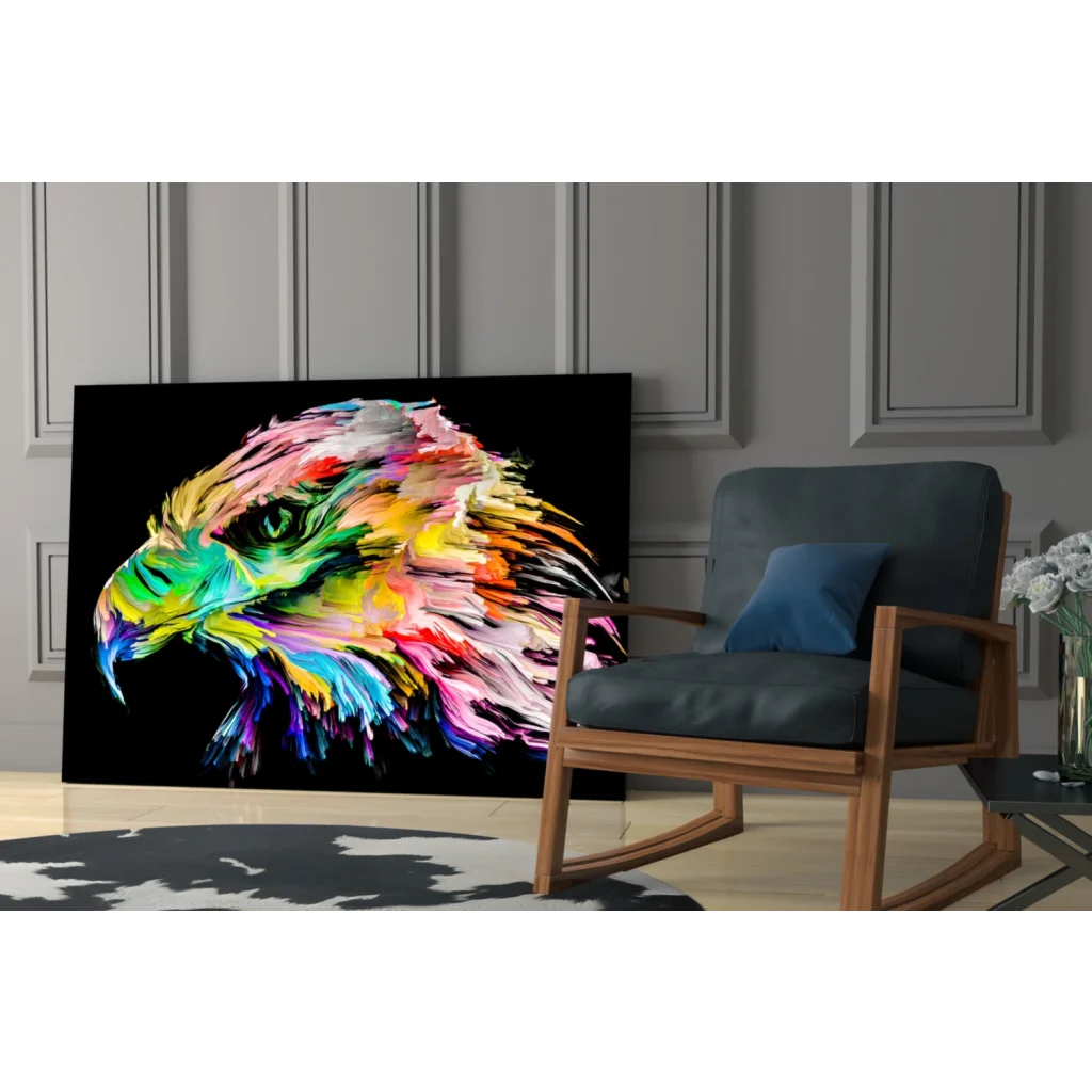 Vibrant rainbow eagle glass wall art with bold abstract strokes on black