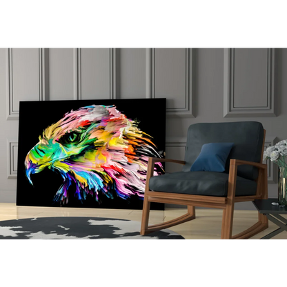 Vibrant rainbow eagle glass wall art with bold abstract strokes on black