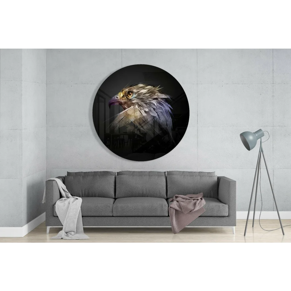 Majestic Eagle tempered glass art circle with golden gray feathers on black