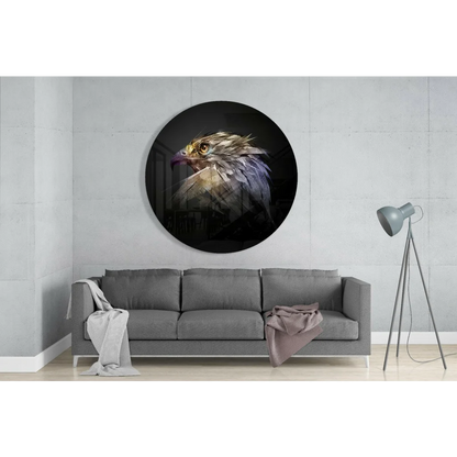 Majestic Eagle tempered glass art circle with golden gray feathers on black
