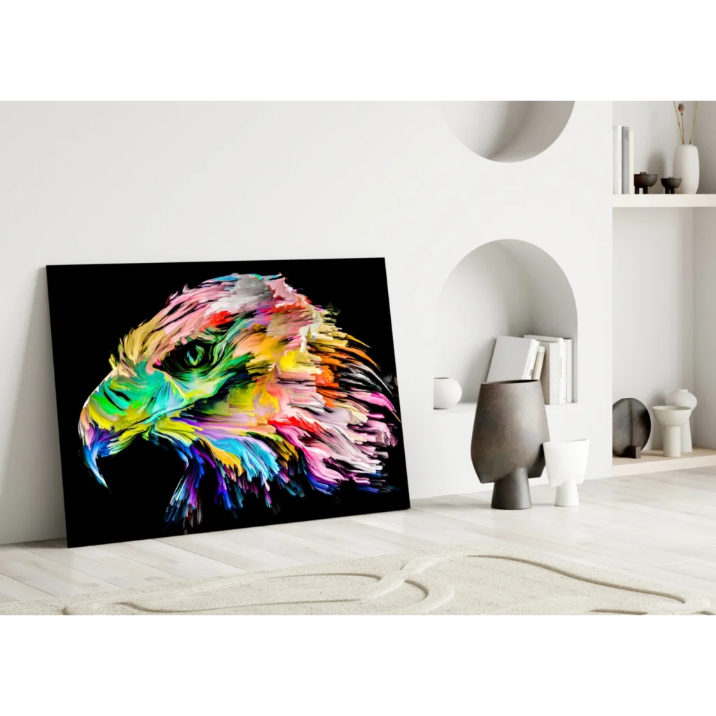 Vibrant rainbow eagle glass wall art on black canvas background