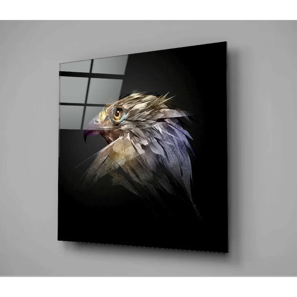 Majestic eagle glass wall art with iridescent gold feathers