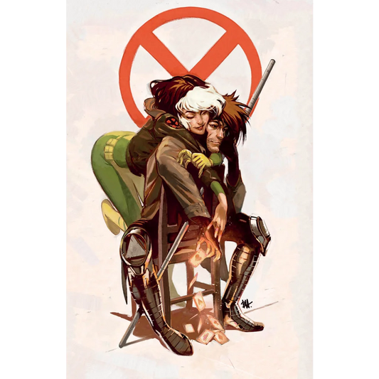 Ben Harvey exclusive comic book art of Rogue and Gambit with X-Men logo background