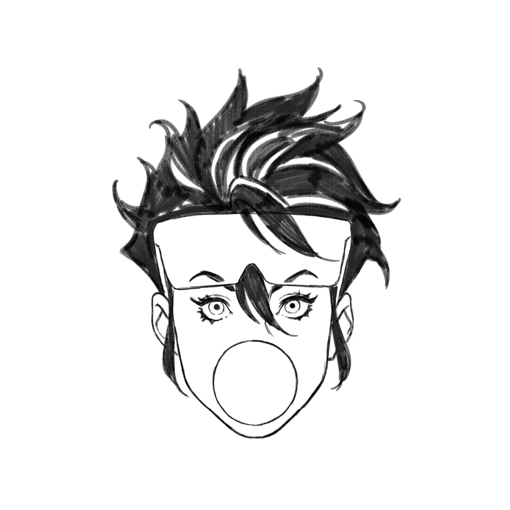 Black and white sketch of a spiky-haired person with glasses for Brooks Headshot Virgin