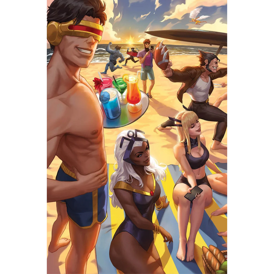 X-Men beach day comics Ejikure exclusive cover featuring heroes at the beach from Unknown Comics