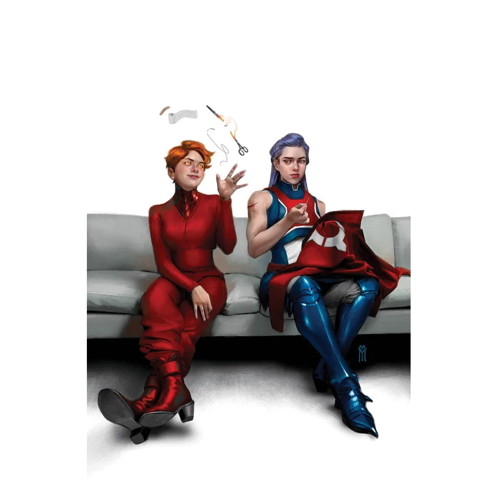 Miguel Mercado exclusive comic with two women sewing, vibrant outfits and creative vibe