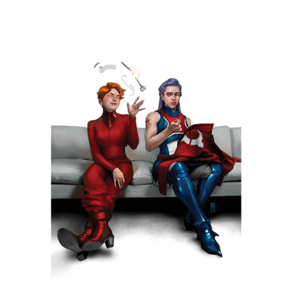 Miguel Mercado exclusive comic with two women sewing, vibrant outfits and creative vibe