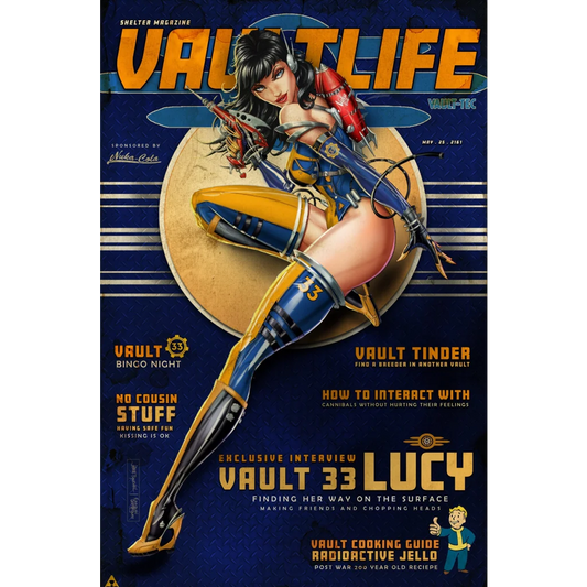 Fallout Betty magazine cosplay cover with Lucy in blue armor