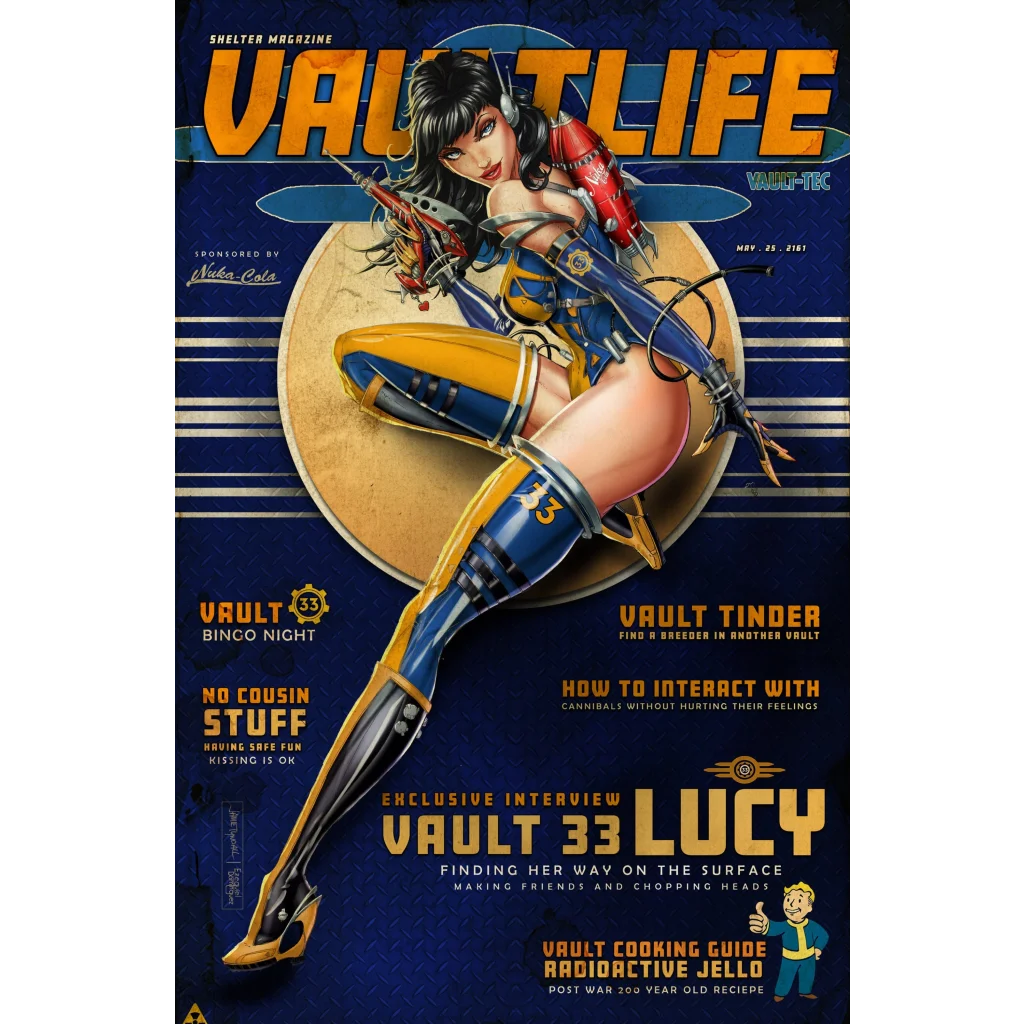Fallout Betty Magazine metal cosplay cover with Lucy in blue armor