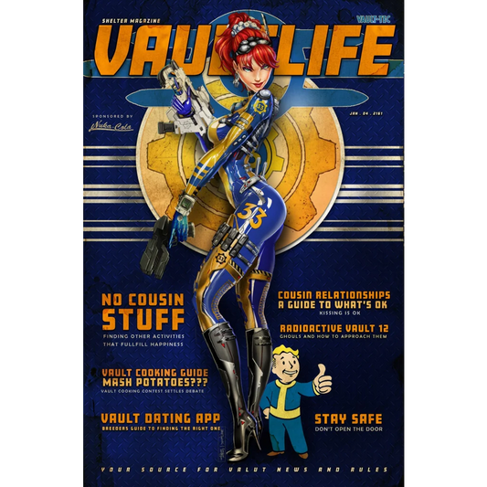 Fallout Blood Magazine cosplay cover: red-haired female in blue-gold armor with futuristic weapons