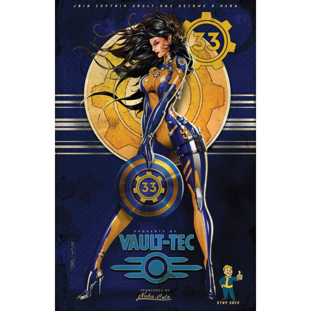 Fallout Captain Trade cosplay female in blue gold armor with shield 33