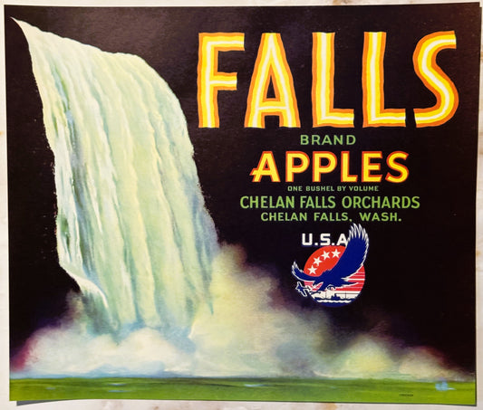 Antique Vintage 1940s Falls Apples Crate Label, Chelan Falls, WA, Large Version!